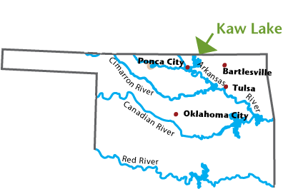 Map of Oklahoma pointing out Kaw Lake